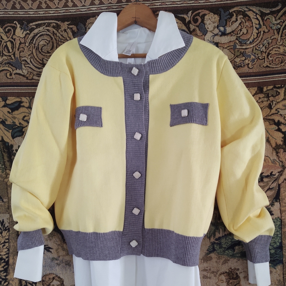 PEARL-Jewel Button 💛 Sweater-Jacket CARDIGAN~ Yellow + Grey Size: S